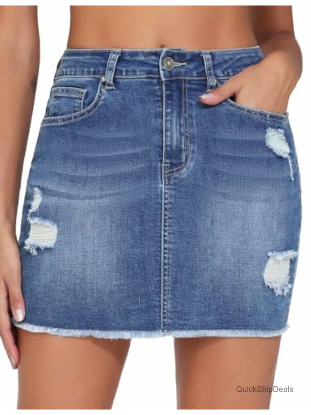 Women's Ripped Denim Mini Skirt High Rise Stretch Bodycon Raw Hem